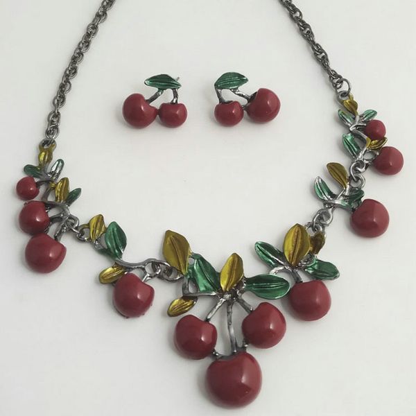

river charm women cherry jewelry sets female short chain necklace fashion wedding party jewelry, Silver
