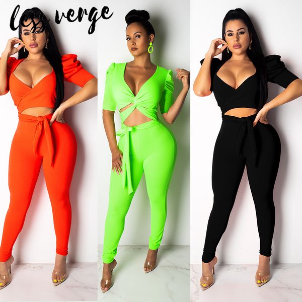 

lessverge deep v neck bandage 2 piece set women hollow out elastic bodycon women set black crop and pants club outfits, White