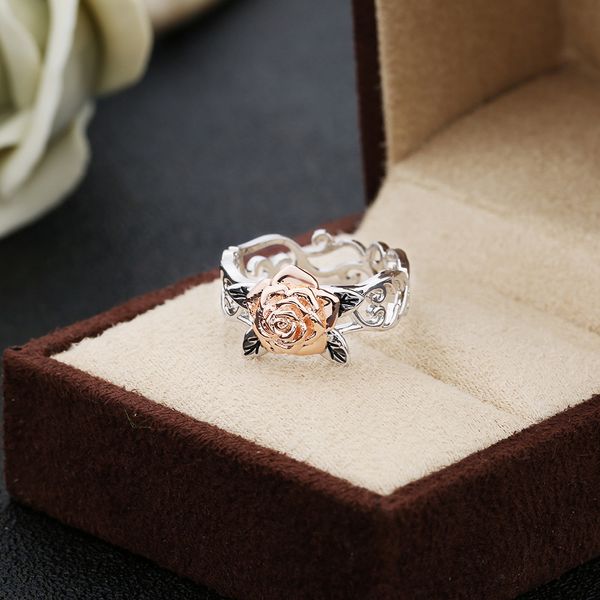 

doreen box two-tone rose ring european beauty rose flower engagement wedding ring ladies sweet jewelry (us size 6-10), 1 piece, Slivery;golden