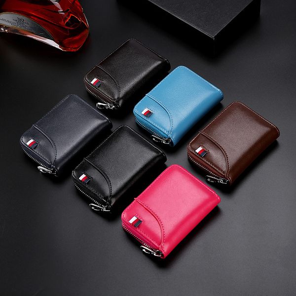 

new short coin purse casual solid color simple stylish zipper buckle design genuine leather wallet p holder, Red;black