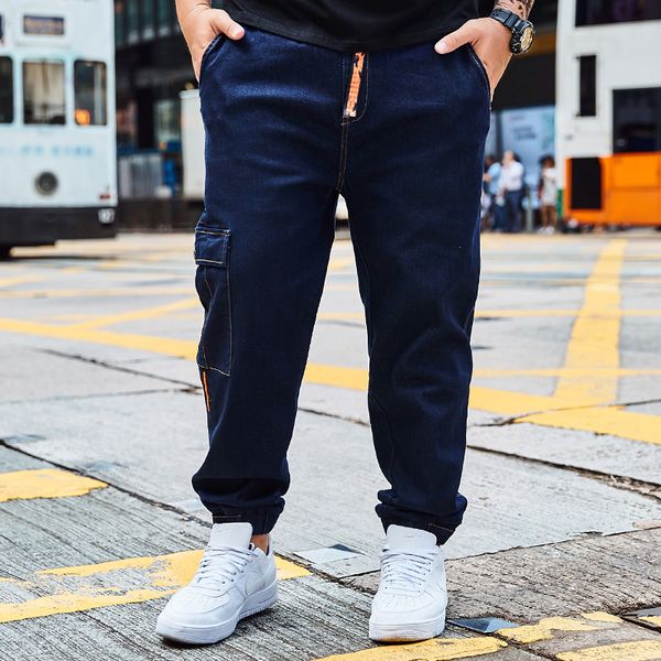 

plus size 30-44 46 men vintage fashion patchwork multi pocket denim pant streetwear hip hop cargo pant male jeans harem trousers, Blue