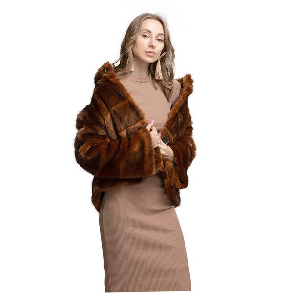 

maylofuer women's faux fur short coat brown horizontal row green fur coats for winter lady stand collar, Black