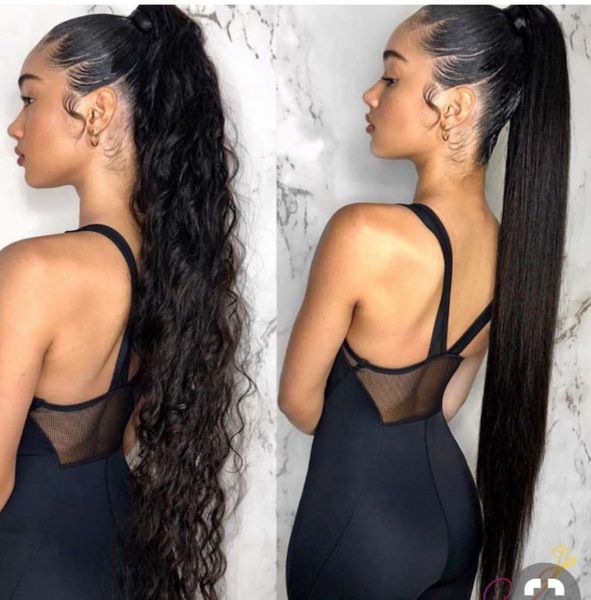 

long curly ponytail human hair women loose wave clip drawstringremy pony tails hairpieces drawstring clip human hair extension 160g, Black