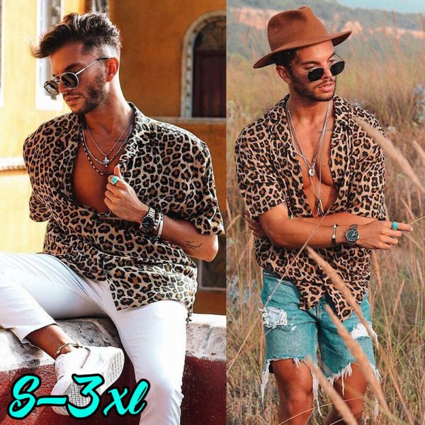 

holiday hawaii style mens short sleeve leopard printed loose shirt casual single breasted shirt breathable soft turnleneck, White;black