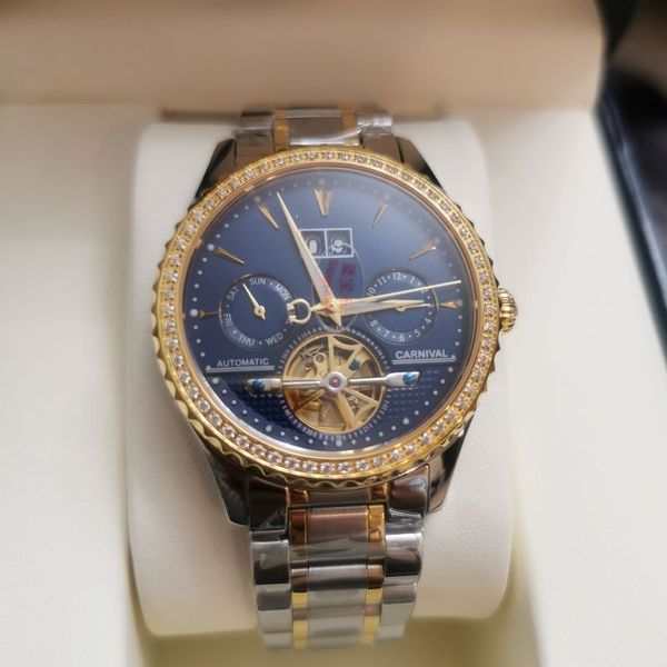 

высокое качество бренда carnival мужчины женщины швейцарские механические часы 30m водонепроницаемый нержавеющей стали ремешок циферблат мех, Slivery;black