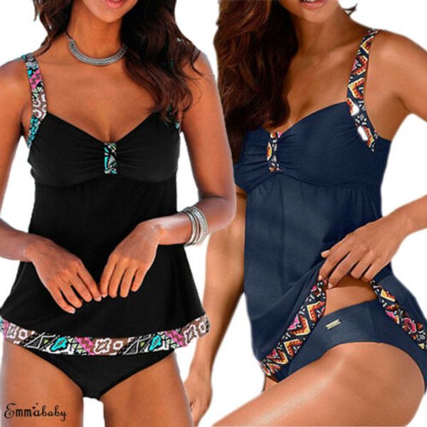 

new plus size women push-up padded bikini swimdress swimwear bathing tankini 2pcs, White;black