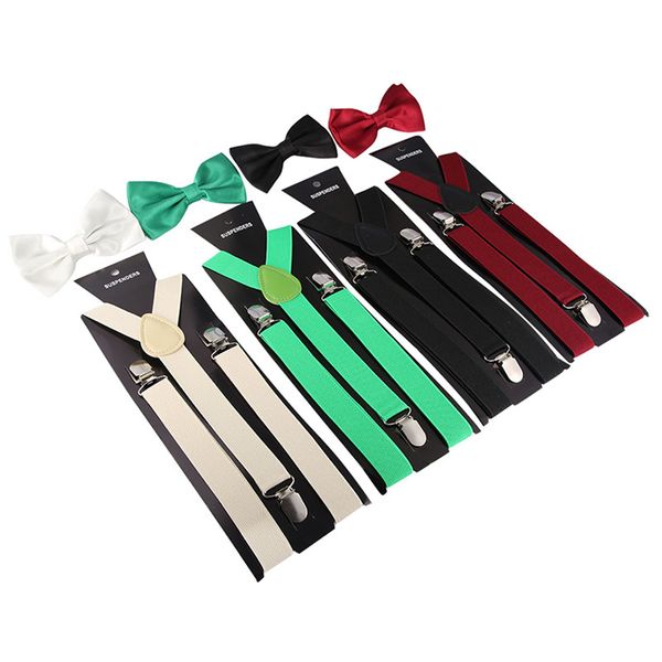 

new solid color man's belt bowtie set men women suspenders polyester y-back braces multi-color bow tie adjustable elastic, Black;white