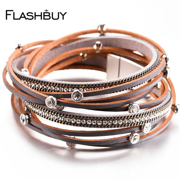

flashbuy black pink gray leather bangles female trendy rhinestone crystal femme multilayer bracelets & bangles for women jewelry