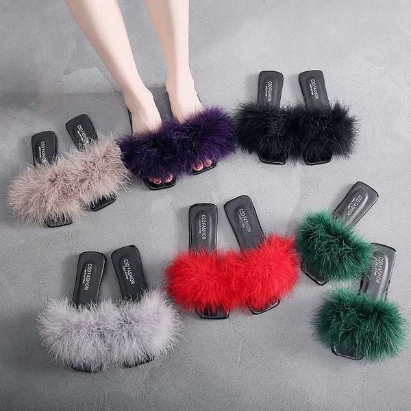

all year round can wear slippers ladies real ostrich fur grass slippers home furry flat sandals women cute fluffy, Black