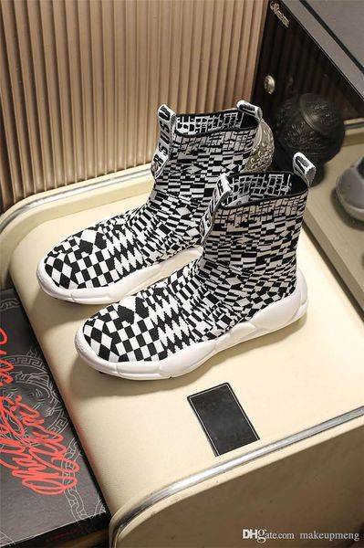 

2019versacenew high men's and women's versus sock boots shoes sneakers black white grid with original box, Blue;gray