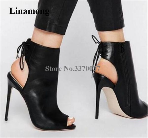 

women classical style peep toe stiletto heel short gladiator boots cut-out lace-up black leather high heel ankle booties heels