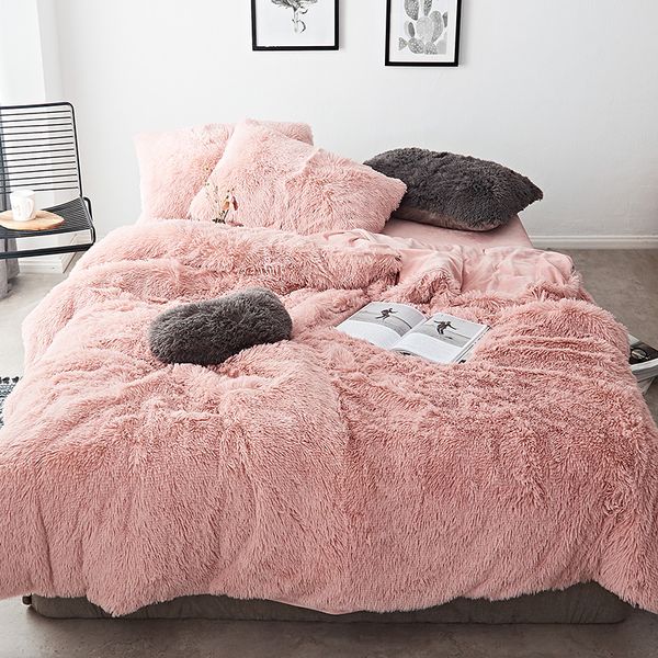 Fb1901001 rosa branco tecido de lã inverno grosso cor pura conjunto cama vison veludo capa edredão rei folha roupa fronha262f