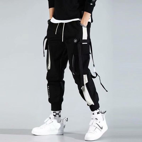 

wind overalls male street hip-hop beam pants japanese loose long pants, Black