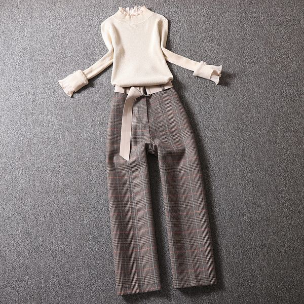 

2019 spring women 2 pieces sets solid color long sleeve turtle neck sweater with plaid zipper up casual long pants z363, White