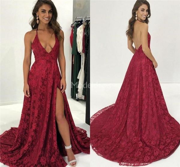 

2020 full lace high side split prom dresses halter backless sweep train formal party evening gowns stylish special occasion dresses vestidos, Black