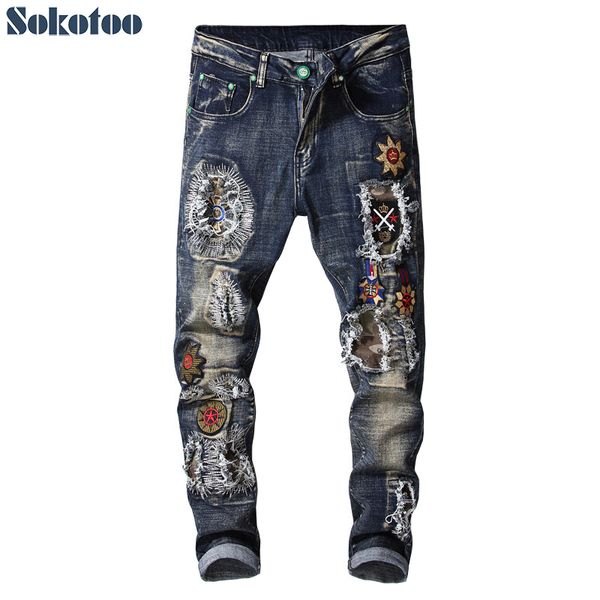 

sokotoo men's fashion badge patches embroidery ripped jeans holes patchwork blue stretch denim pants