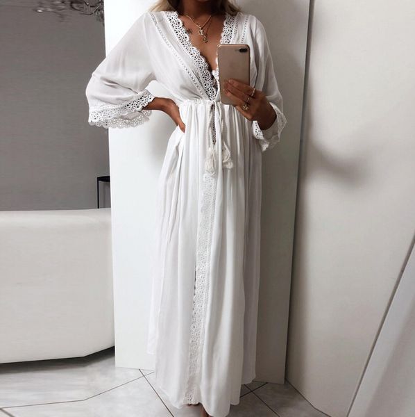 

2019 solid solid lace bikini cover up cardigan lace up swimwear beach dress kaftan beach tunic swimsuit pareos de playa mujer, Blue;gray