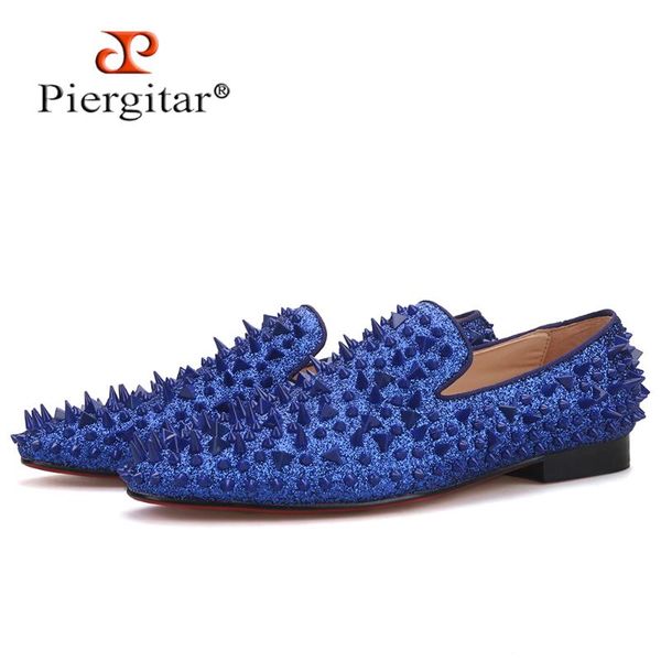 

piergitar handmade royal blue cow leather men studded shoes fashion red bottom men's loafers for wendding and party plus size, Black