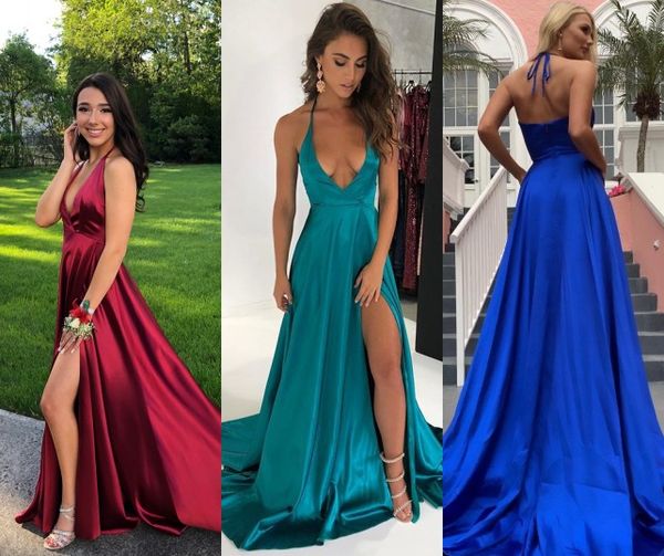 

spaghetti deep v neck prom evening dress long hater satin open back high side split formal party gown bridesmaid dresses bm0913, Black