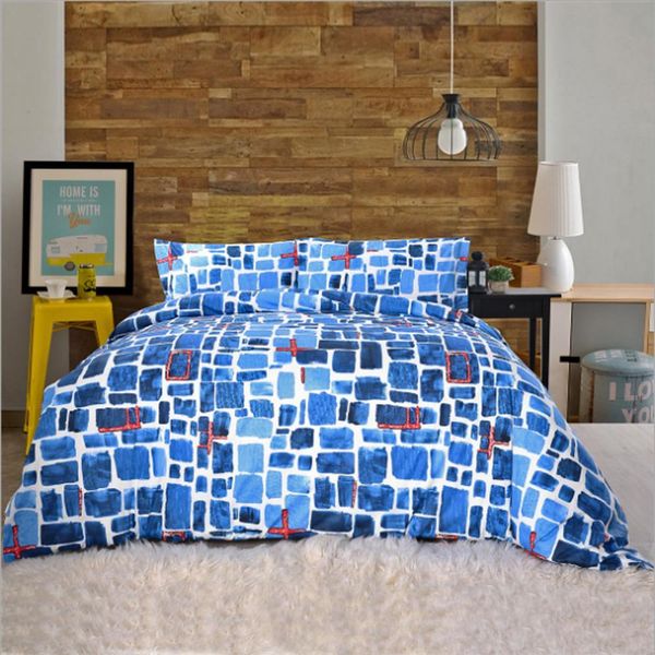 

100% coon reactive dyeing blue rectangle plaid stripes paern duvet cover pillowcase fashion boy room bedding 3pcs set