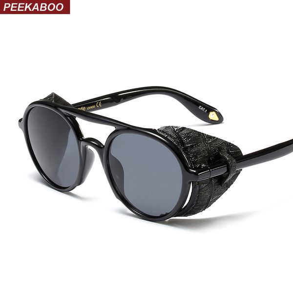 

peekaboo steampunk men sunglasses with side shields 2019 summer style leather round sun glasses for women retro uv400, White;black