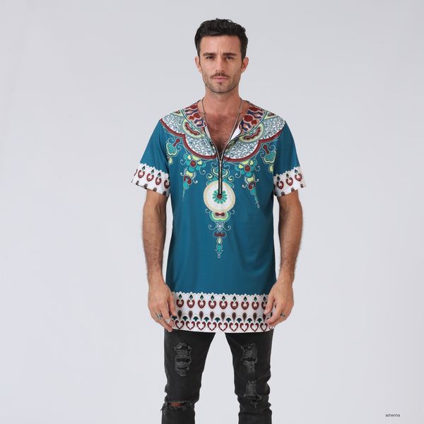 

mens designer t shirt ethnic group wind printing round neck short sleeve green t shirt men31r7, White;black