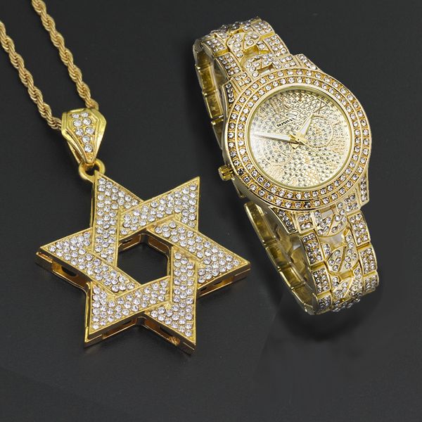 

часы и cz кристалл hexagram ожерелье подарочный набор мужчины hip hop full iced out bling рэпера, Silver