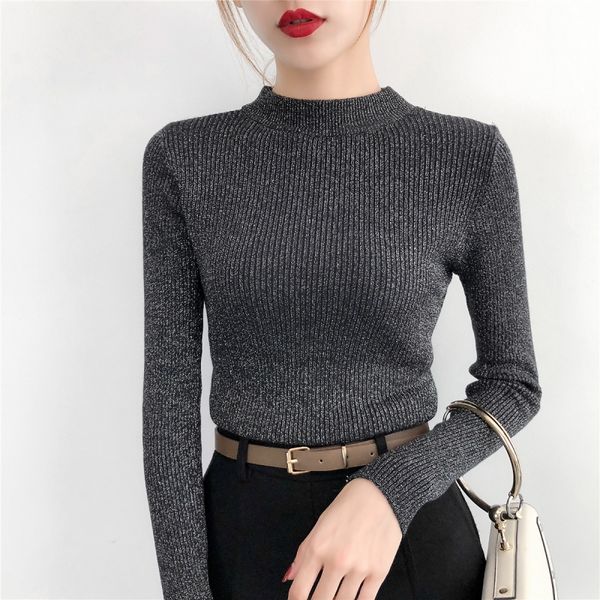 

2019 glitter shinny knitted women sweaters female pullovers turtleneck long sleeve basic knitting shirts femme pull mujers, White;black