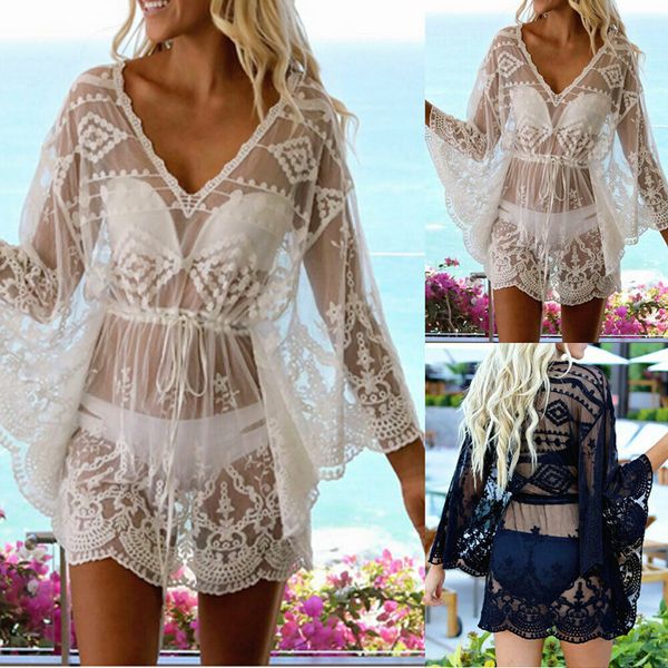 

women mesh sheer see-through long sleeve crop tee fishnet buckle shirt lace bikini cover long-sleeved beach skirt coat, Blue;gray