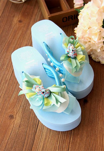 

2019 fashion cute bear chiffon bottom women's slippers shoes slope flip-flops beach holiday slippers leisure sale, Black