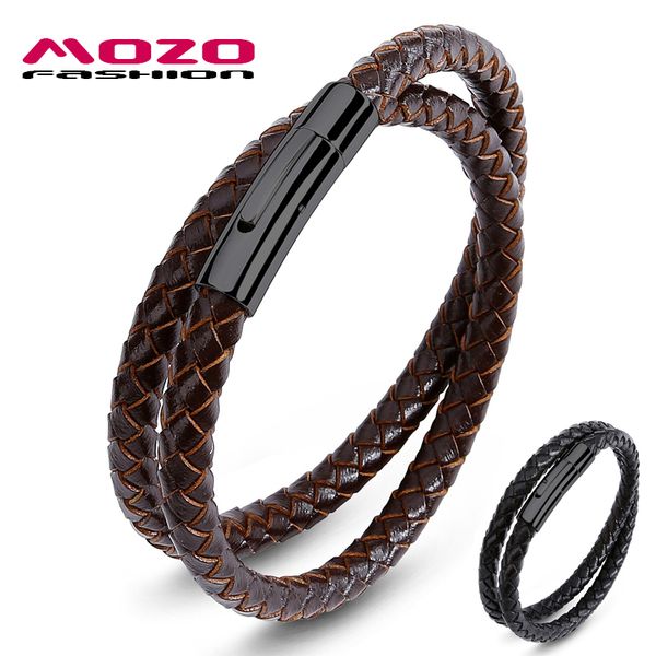 

mozo fashion jewelry 2020 women brown genuine leather punk chain stainless steel bracelet men vintage hand strap bracelets 603, Golden;silver