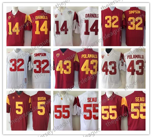

usc trojans discount #14 sam darnold 43 troy polamalu 32 oj simpson 55 junior seau 5 bush red white stitched ncaa football jersey, Black