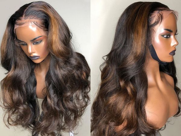 

full lace wig body wave brown highlights blonde transparen 13x6 lace front human hair wigs 360 lace frontal wig pre plucked natural hairline, Black