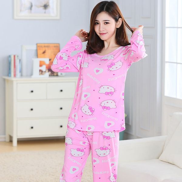 

korean-style spring and autumn pajamas women's thin long sleeve cartoon cute girl's heart cat long sleeve homewear set