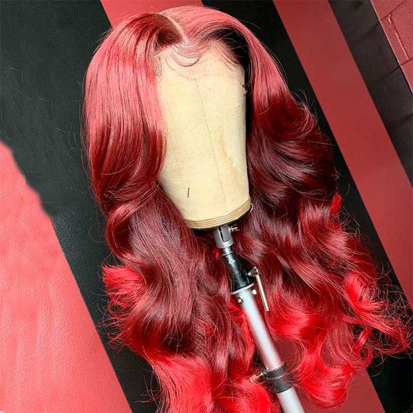 

ombre red pre plucked 13x4 lace frontal human hair wigs with baby hair wave remy brazilian lace front wigs, Black;brown