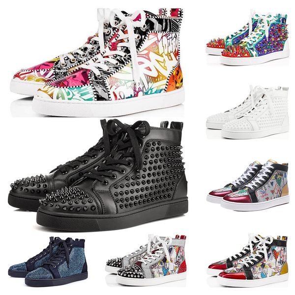 

new designer luxury red bottoms shoes studded spikes flat sneakers men women glitter party lovers genuine leather casual rivet sneaker, Black