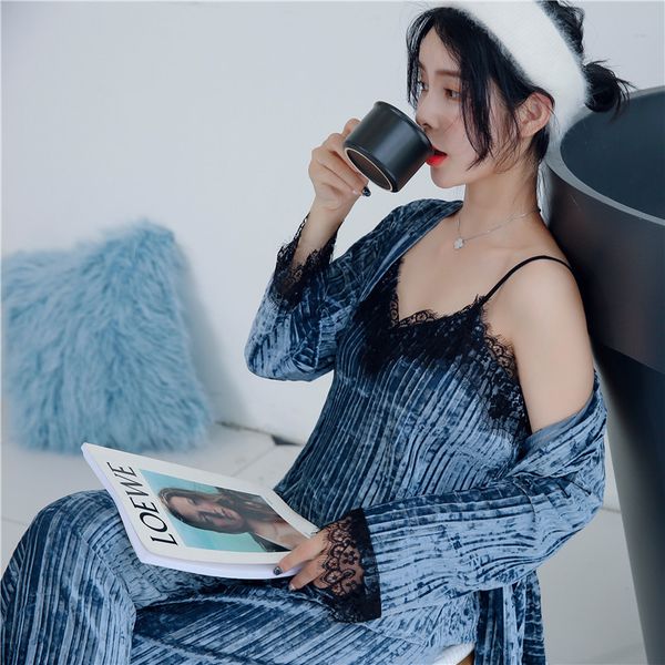 

2019 autumn winter women robes gown sets lace 3 pieces sleepwear pajamas nightwear velvet pijama sleep lounge pyjama, Black;red