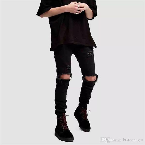 

black solid mens designer jeans knee holes high stretch male pencil pants homme skinny long jeans, Blue