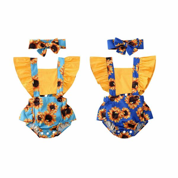 

2020 toddler newborn infant baby girls floral ruffle bodysuit summer backless sunflower jumpsuit cotton clothing 2pcs outfits, Blue