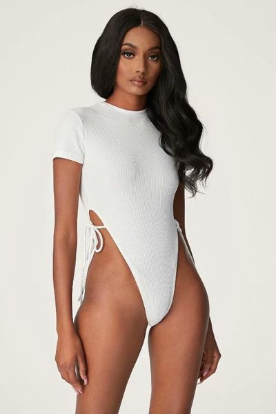 

ribbed knit high cut bodysuit women short sleeve jumpsuit side tie romper one piece body, Black;white