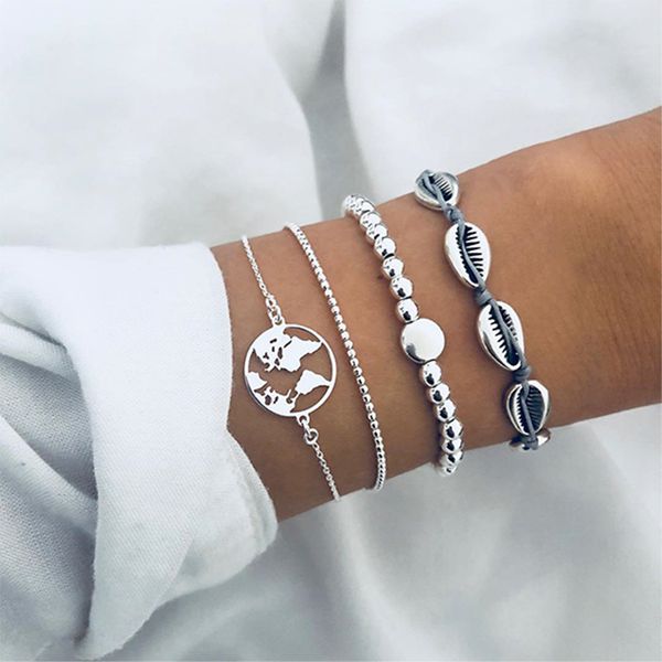 

2019 ancient silver shell map beaded four-piece bracelet set europe united states new style fashion couple bracelet jewelry holiday gift, Golden;silver