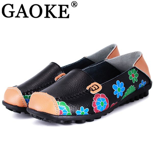 

women casual genuine leather boat comfortable soft flat ventilation fashion printing flat slip on shoes loafers, Black