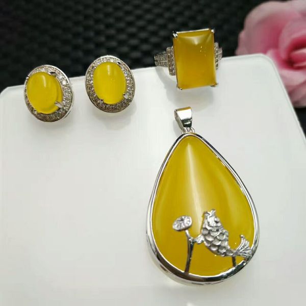 

natural jade myelin set s925 silver-encrusted jade myelin drop pendant ring earrings with silver chain, Black