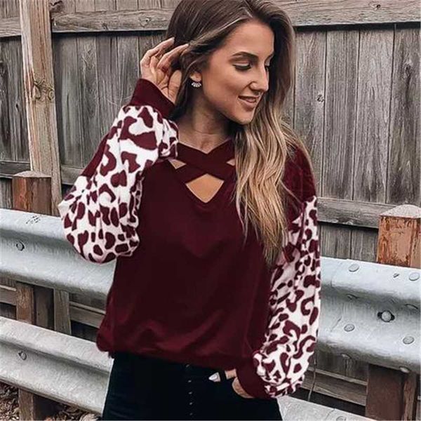 

ladies long sleeve shirt women v neck plain basic tee leopard blouse casual shirt fashion pullover loose jumper size s-xl, White