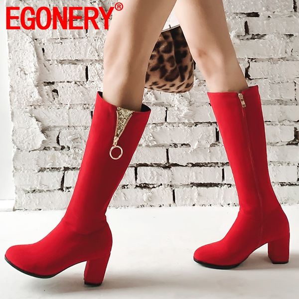 

egonery 2019 winter warm new fashion knee high boots outside round toe high heels zipper women sheos drop shipping size 32-43, Black