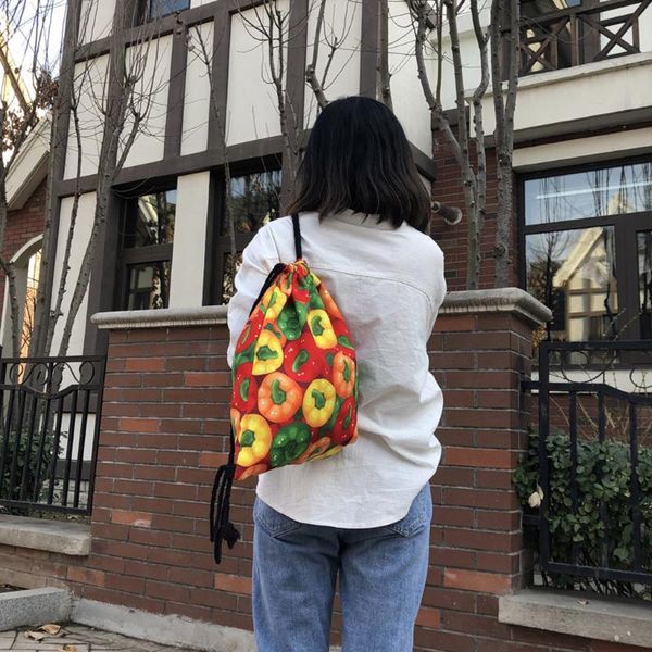 

1pc new canvas school backpack fruit drawstring bags fashion bag portable casual string for women men mochila saco backpack