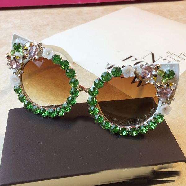 

brand design handmade rhinestone cat eye sunglasses fashion glasses women flower with pearl round vintage sunglasses beach party, White;black