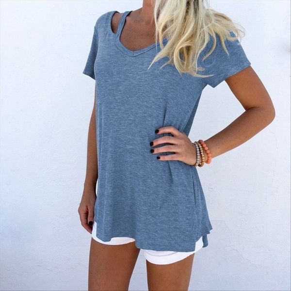 

5- 6-size summer loose solid v-neck short sleeve t-shirt 5-color 6-size summer loose solid color v-neck short sleeve t-shirt, White