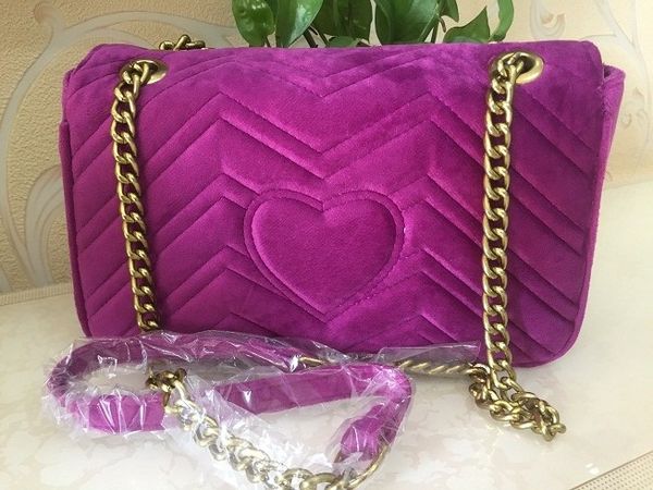

горячих продажи моды сумки женщины сумки дизайнер фиолетовой сумки женщина 26см золото цепь ремень мешок бархат crossbody плечо сумка totes