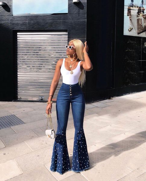 

women solid color rhinestone jeans fashion designer loose capris femme clothing bloom pants relaxed casual apparel, Blue